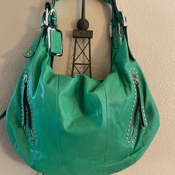 B. Makowsky Green Gorgeous Leather Leppard Print Silver Metal Studs Hobo Bag - Picture 16 of 16